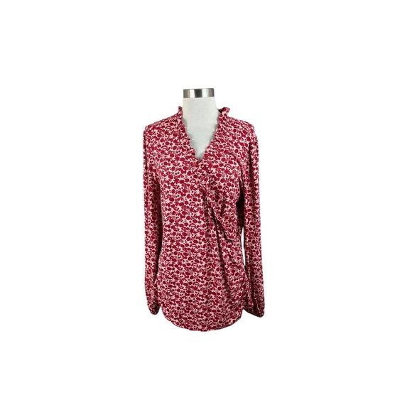 Boden US 12 Red Floral Frill Neck Floral Blouson Wrap Blouse Jersey Knit - Picture 1 of 4